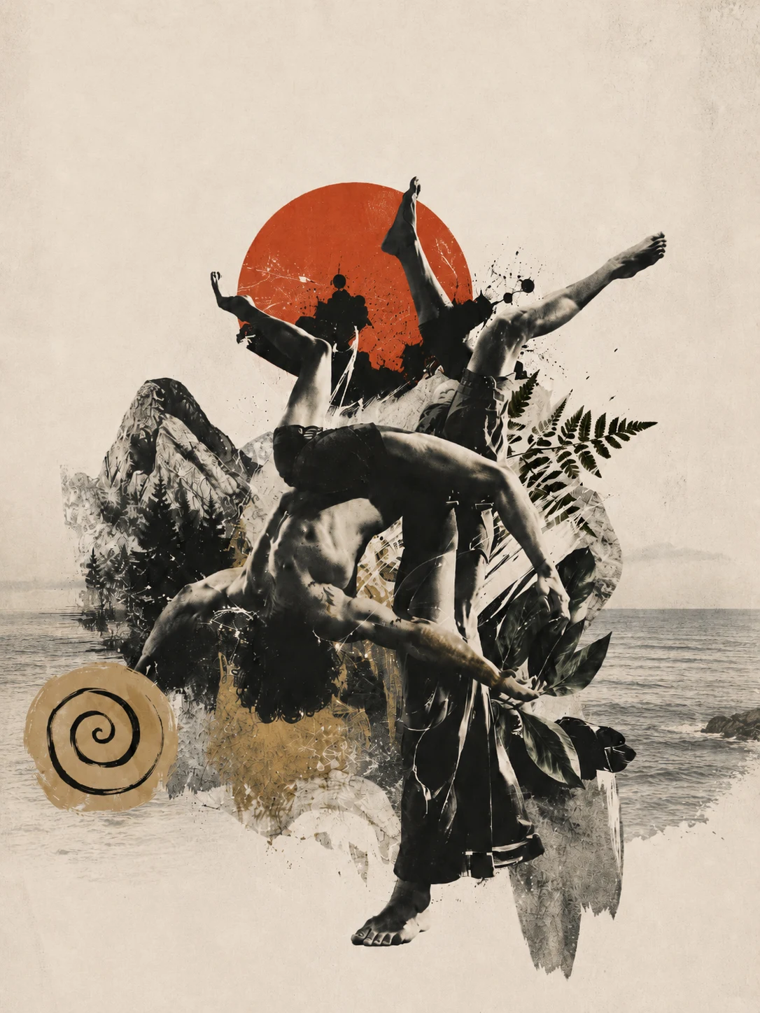 Collage of bodies in movement, nature, contact and the Mediterranean sea.
